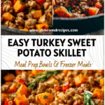 Colorful Turkey Sweet Potato Hash in skillet with browned ground turkey and diced sweet potatoes.